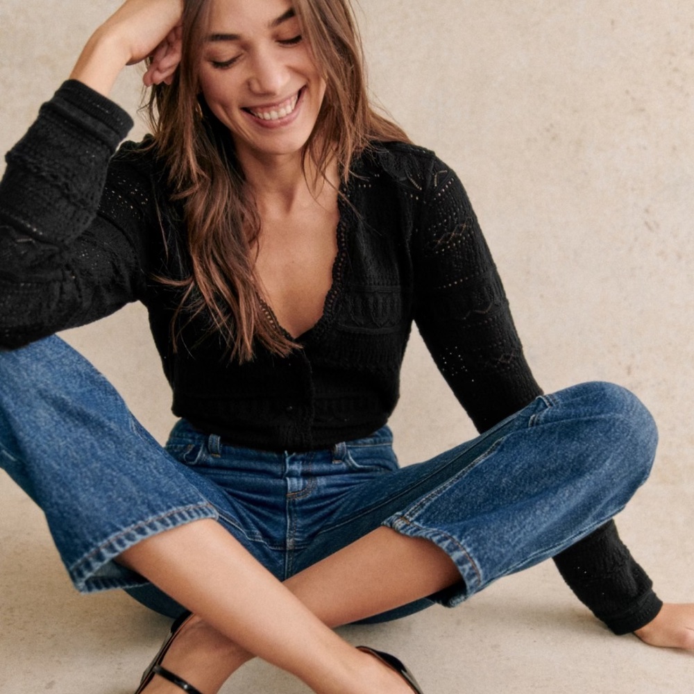 Sezane Black Knit Button-Front Cardigan